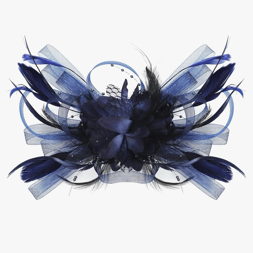 Navy Blue Mesh Feather Fascinator Derby Hat